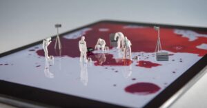 the surface of a painting in which a crime scene is depicted on the glass through miniatures