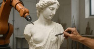 Braccio robotico e mano di uno scultore rifiniscono insieme un busto in marmo classico in uno studio d'arte contemporanea.