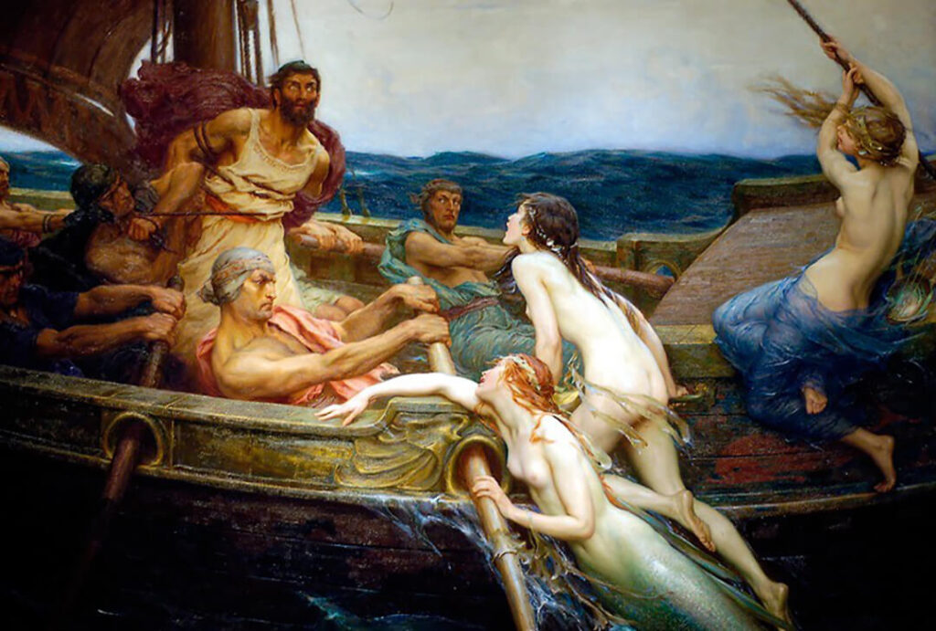Ulisse sulla nave resiste al canto delle Sirene mentre i marinai lo trattengono, dipinto di Herbert James Draper.