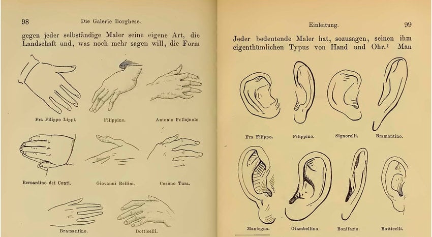 Pagine illustrate di Giovanni Morelli con disegni comparativi di mani e orecchie per l’attribuzione dei dipinti