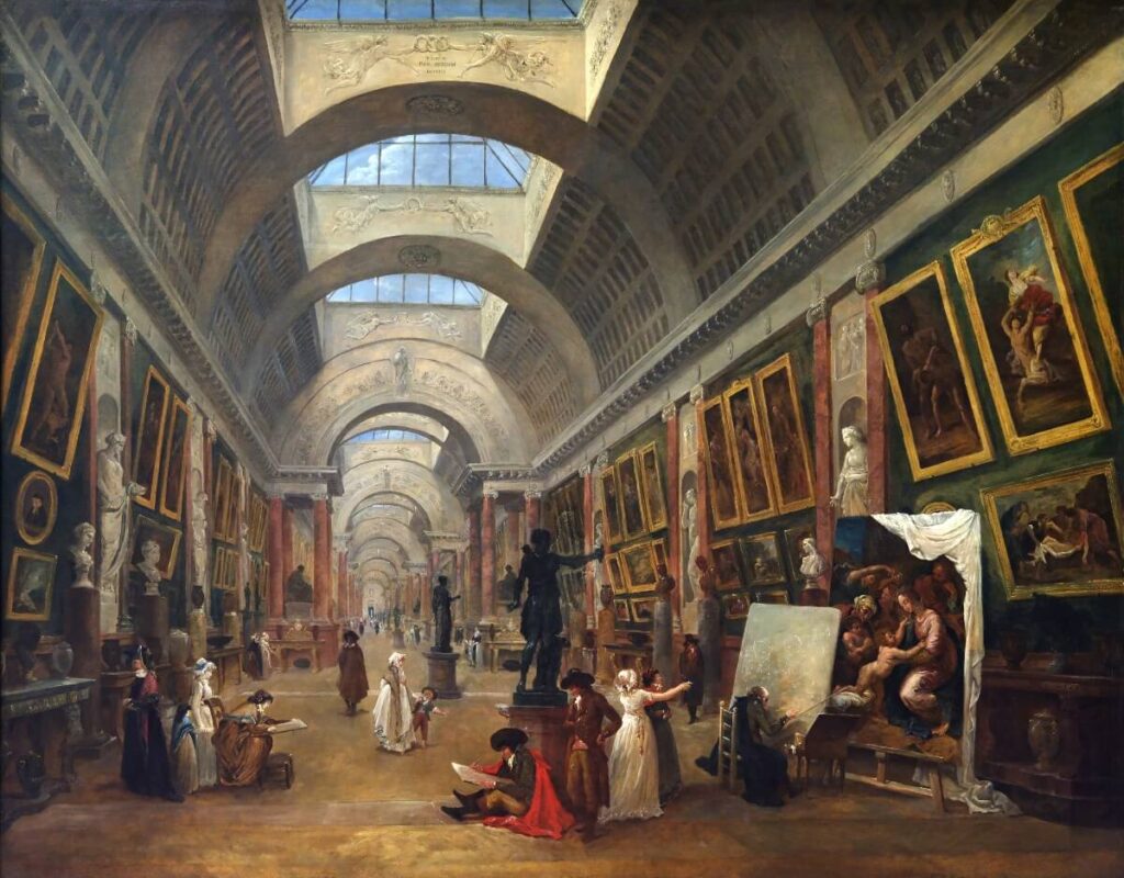 Hubert Robert raffigura la Grande Galerie del Louvre come museo, con visitatori, artisti al lavoro e dipinti esposti.