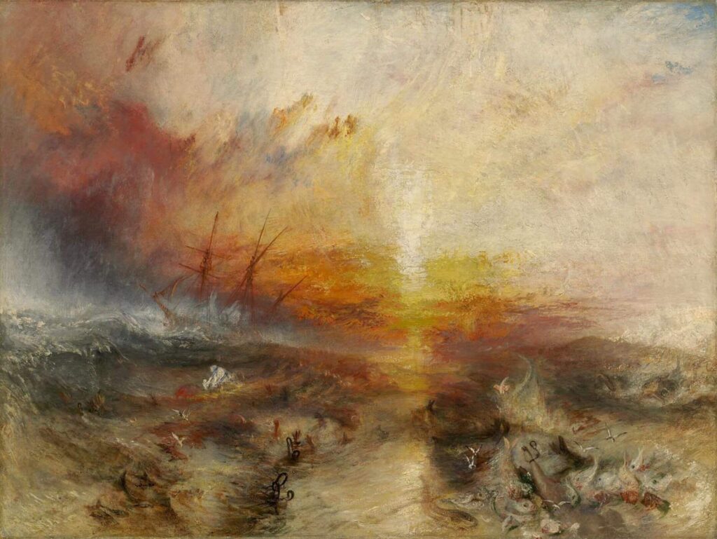 Il dipinto The Slave Ship di J. M. W. Turner, con una nave nella tempesta e corpi incatenati tra le onde.
