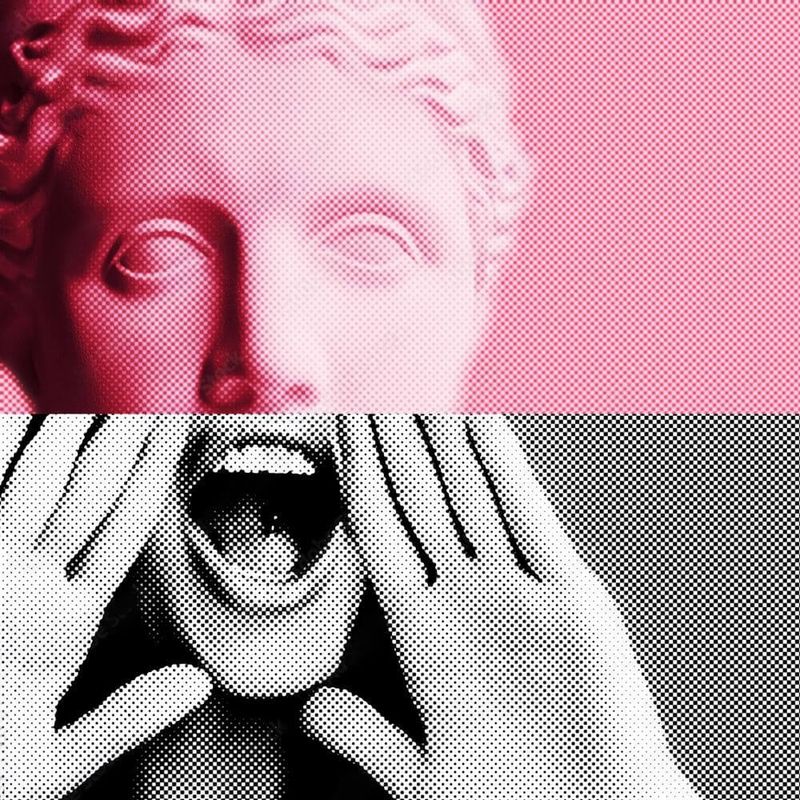upper part marble sculpture of woman's head ancient Greek style lower part black and white photo agit-prop style